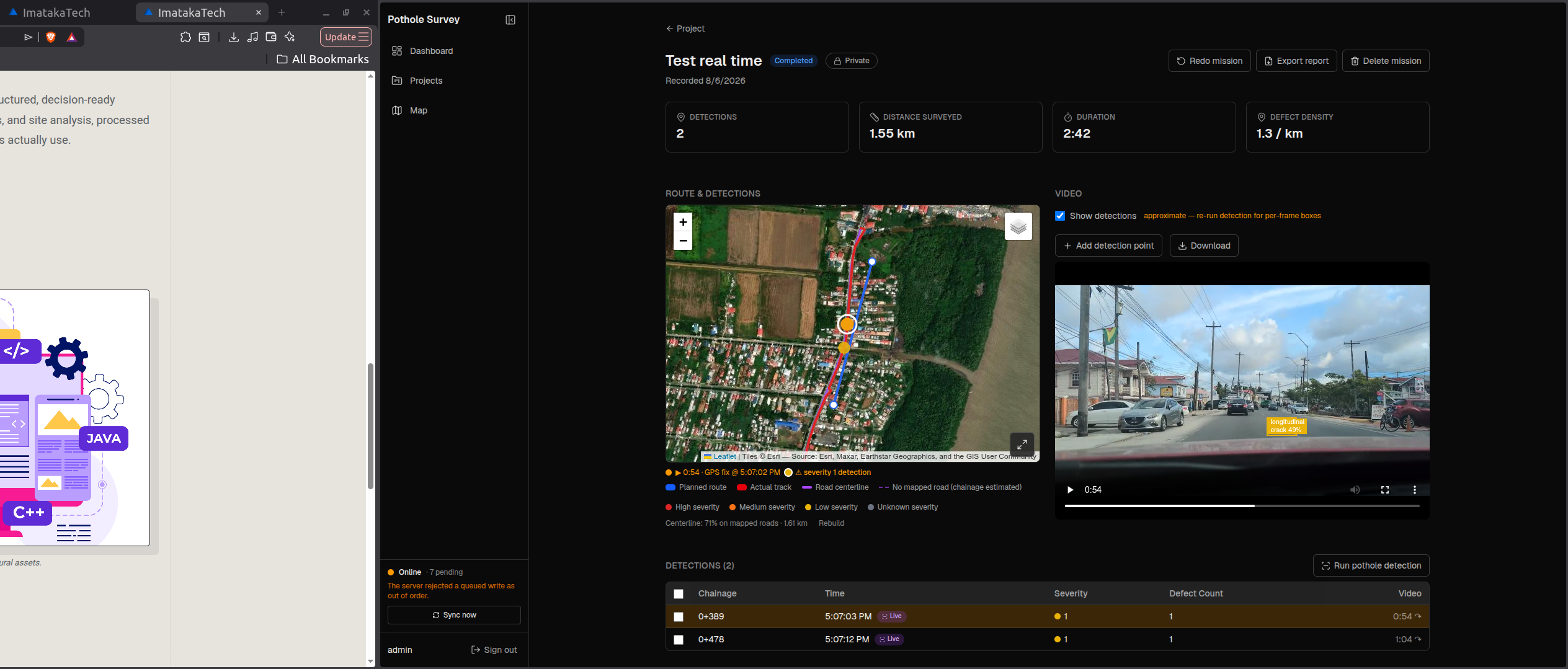 RoadSense mission dashboard showing detections, route map, dashcam video and a defects table